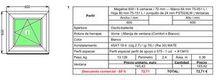 Ventana Oscilobatiente PVC 600x600 mm Cristal Mate