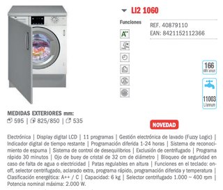 Lavadora Teka LI2 1060 Integrable