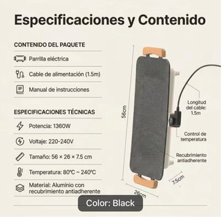 Parrilla Eléctrica 1360W Superficie Grande 56cm