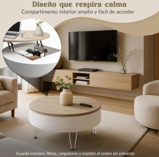 Mesa centro elevable redonda madera y metal