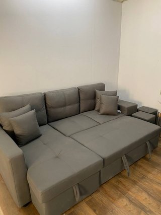 Sofá Cama Chaise Longue Gris + 2 Puff