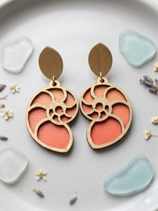 Pendientes Madera Nautilus Azul Dorado