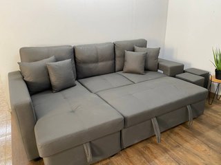 Sofá Cama Chaise Longue Gris + 2 Puff