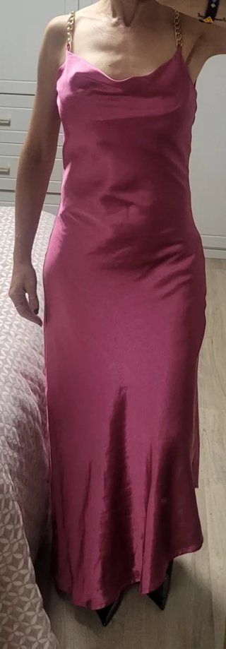 Vestido fiesta fucsia SIMORRA cadena dorada Talla