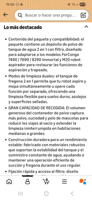 Depósito agua robot aspirador