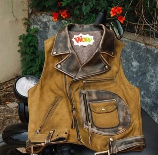 Chaqueta Motera Cuero Marrón y Beige