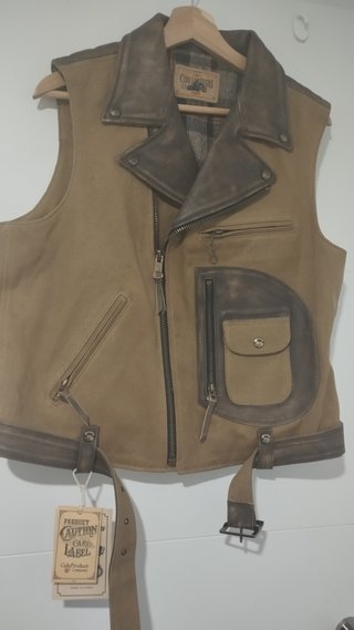 Chaqueta Motera Cuero Marrón y Beige