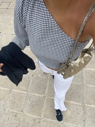 Top Mango Hombro Descubierto Cuadros Talla S