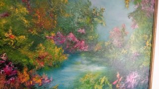 Pintura de paisaje con estanque y flores