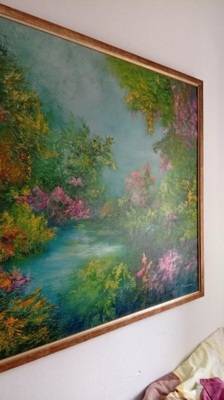 Pintura de paisaje con estanque y flores
