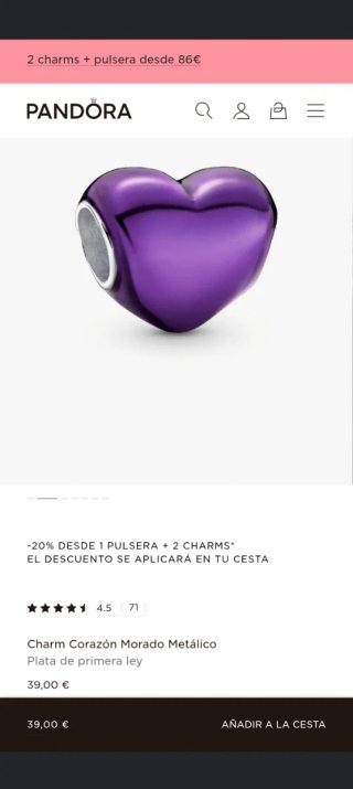 Charm Pandora Corazón Morado Plata