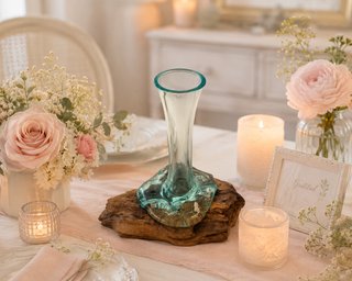 Jarrón de cristal con base de teca