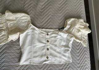 Zara Blusa Blanca Manga Abullonada Bordada Talla X