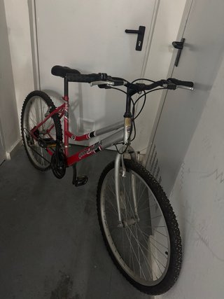Bicicleta de montaña roja y plateada