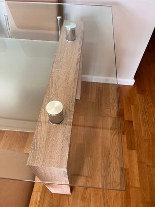 Mesa de comedor cristal y madera, 6 sillas