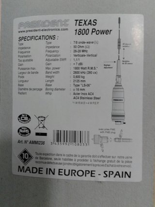 PRESIDENT TEXAS 1800 POWER ANTENA CB 27 MHZ