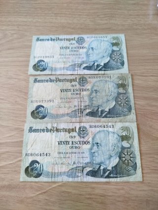 3 Billetes 20 Escudos Portugal Colección