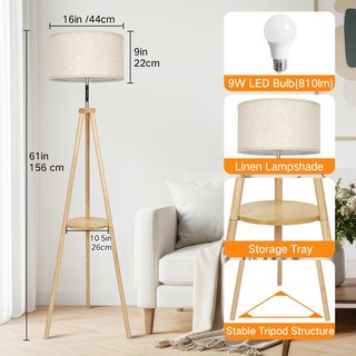 Lámpara Pie Trípode Madera Táctil + Mando