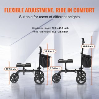 Scooter de Rodilla Plegable, Andador de Rodilla Direccionable de Acero al Carbono con Manillar y Almohadilla de Rodilla Ajustables en Altura, Ruedas Sólidas para Todo Terreno, Doble Freno, Scooter...