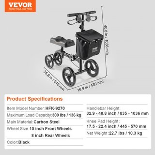 Scooter de Rodilla Plegable, Andador de Rodilla Direccionable de Acero al Carbono con Manillar y Almohadilla de Rodilla Ajustables en Altura, Ruedas Sólidas para Todo Terreno, Doble Freno, Scooter...