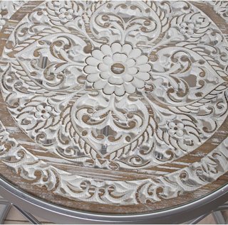 Set 2 tavolini ausiliari in metallo argentato/legno intagliato