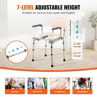 Silla Commode, Commode de Cama con Asiento Acolchado, Brazos Plegables, Altura Ajustable en 7 Niveles, Cubo Extraíble de 5.8L, Fácil de Montar, Capacidad de 350LBS, Inodoro Portátil para Adultos y...