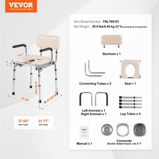 Silla Commode, Commode de Cama con Asiento Acolchado, Brazos Plegables, Altura Ajustable en 7 Niveles, Cubo Extraíble de 5.8L, Fácil de Montar, Capacidad de 350LBS, Inodoro Portátil para Adultos y...
