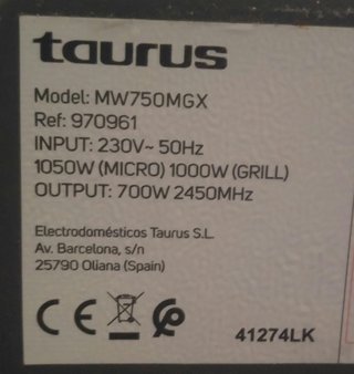 Panel Control Microondas Taurus MW750MGX