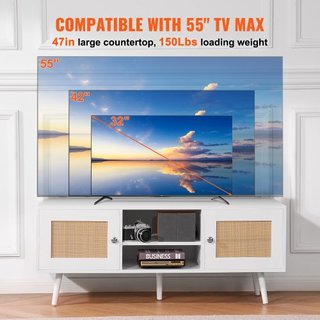 Soporte de TV de Rattan, Gabinete Boho para TV de 55 pulgadas, Soporte de TV de Estilo Moderno de Medio Siglo, Consola de TV de Rattan con Estantes Ajustables para Sala de Estar, Sala de Medios, B...