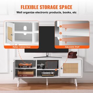 Soporte de TV de Rattan, Gabinete Boho para TV de 55 pulgadas, Soporte de TV de Estilo Moderno de Medio Siglo, Consola de TV de Rattan con Estantes Ajustables para Sala de Estar, Sala de Medios, B...
