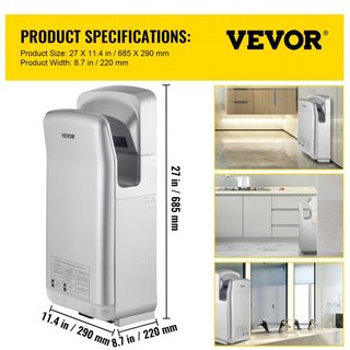 Secador de Manos Jet, Secador de Manos Eléctrico Comercial de Alta Calidad, Secador de Manos de ABS con Filtración HEPA, Secador de Manos Montado en la Pared, Secador de Manos Vertical de 2000W 22...