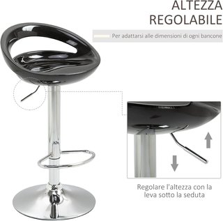 Set di 2 Sgabelli da Bar Alti, Girevoli a 360°, Con Schienale e Poggiapiedi, Altezza Regolabile, Base in Acciaio, per Cucina e Soggiorno, 46X41X76-96Cm, Nero