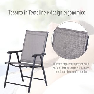 Set di 4 sedie pieghevoli da esterno in acciaio e Textilene per giardino, terrazzo o veranda, grigio, 58 x 64 x 94 cm