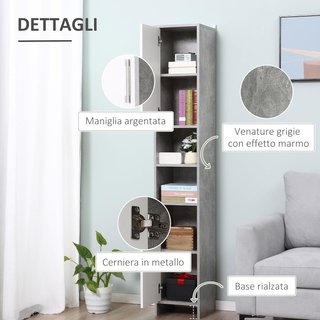 Colonna da Bagno con 2 Armadietti e 2 Scomparti Aperti, Mobile Alto Salvaspazio in Effetto Cemento, 30X30X180Cm, Grigio