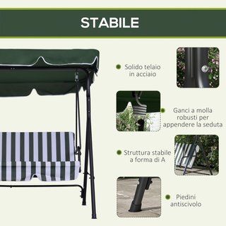 Dondolio da giardino per 3 persone con tettuccio regolabile, dondolio da esterno con poliestere traspirante e sedile in acciaio, capacità fino a 200 kg, 172X110X153 cm, verde scuro, bianco