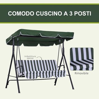 Dondolio da giardino per 3 persone con tettuccio regolabile, dondolio da esterno con poliestere traspirante e sedile in acciaio, capacità fino a 200 kg, 172X110X153 cm, verde scuro, bianco