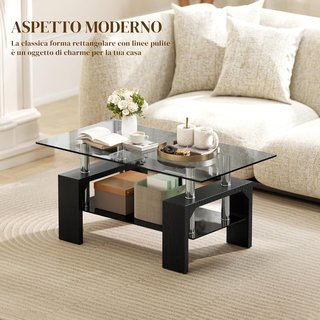 Tavolo da Salotto Moderno a 2 Livelli con Piano in Vetro Temperato, Tavolo da Divano in Legno e Acciaio, Tavolo da Caffè per Soggiorno, 90X50X42 Cm, Nero