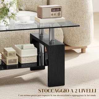 Tavolo da Salotto Moderno a 2 Livelli con Piano in Vetro Temperato, Tavolo da Divano in Legno e Acciaio, Tavolo da Caffè per Soggiorno, 90X50X42 Cm, Nero