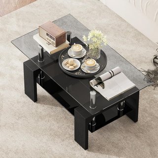 Tavolo da Salotto Moderno a 2 Livelli con Piano in Vetro Temperato, Tavolo da Divano in Legno e Acciaio, Tavolo da Caffè per Soggiorno, 90X50X42 Cm, Nero