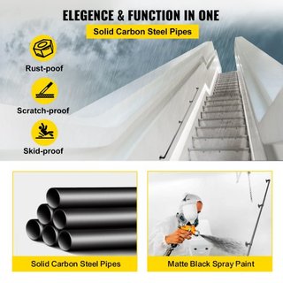 Pasamanos de Escalera de Tubo, Pasamanos de Escalera de 274.3 cm, Pasamanos de Tubo de Acero Carbono con Capacidad de Carga de 199.6 kg, Pasamanos de Tubo Industrial con Soporte de Montaje en Pare...