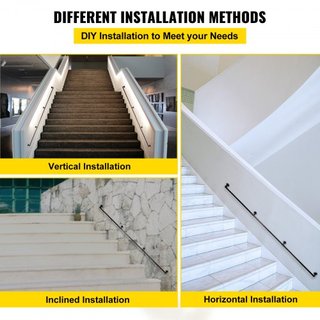 Pasamanos de Escalera de Tubo, Pasamanos de Escalera de 274.3 cm, Pasamanos de Tubo de Acero Carbono con Capacidad de Carga de 199.6 kg, Pasamanos de Tubo Industrial con Soporte de Montaje en Pare...