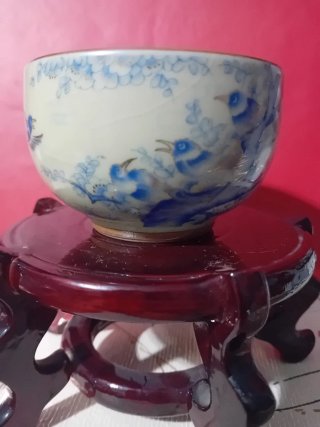 Cuenco antiguo porcelana pájaros azul