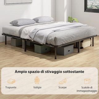 Struttura Letto Matrimoniale 160x190 Cm con 28 Doghe, Rete in Legno con Struttura in Acciaio e Spazio di Archiviazione Inferiore, per Camera da Letto, Montaggio Semplice, Altezza 31Cm, Nero