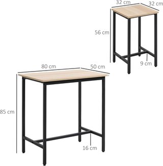 Set de 3 Piezas con Mesa y 2 Taburetes de Cocina Estilo Industrial, Mobiliario Moderno para Salón y Sala de Estar, Madera Natural y Negra