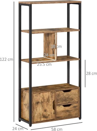 Mueble Librería Con 3 Estantes, Armario Y 2 Cajones, Librería Estilo Industrial En Aglomerado Y Metal, 58X24X122 Cm, Negro Y Color Madera