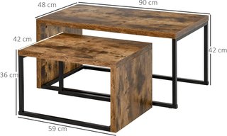 Conjunto de 2 Mesas de Café Apilables y Ahorra Espacio en Estilo Industrial, Madera MDF y Metal, Marrón y Negro