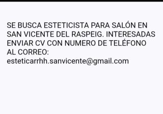 SE NECESITA ESTETICISTA AUTONOMA PARA TRABAJAR
