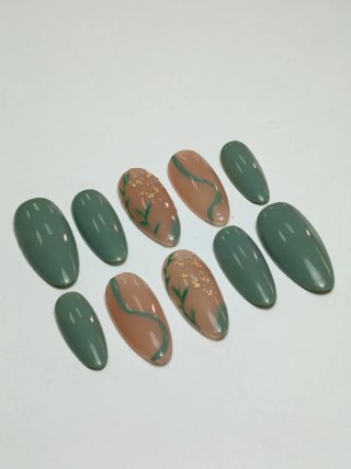 Unhas Posticas Decoradas Verde e Bege