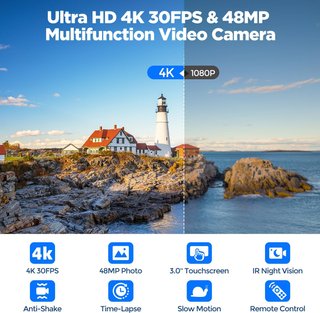 Videocámara 4K 48MP Vision nocturna Tarjeta SD 32G