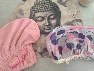 Toalla pelo y gorro ducha rosa y morado